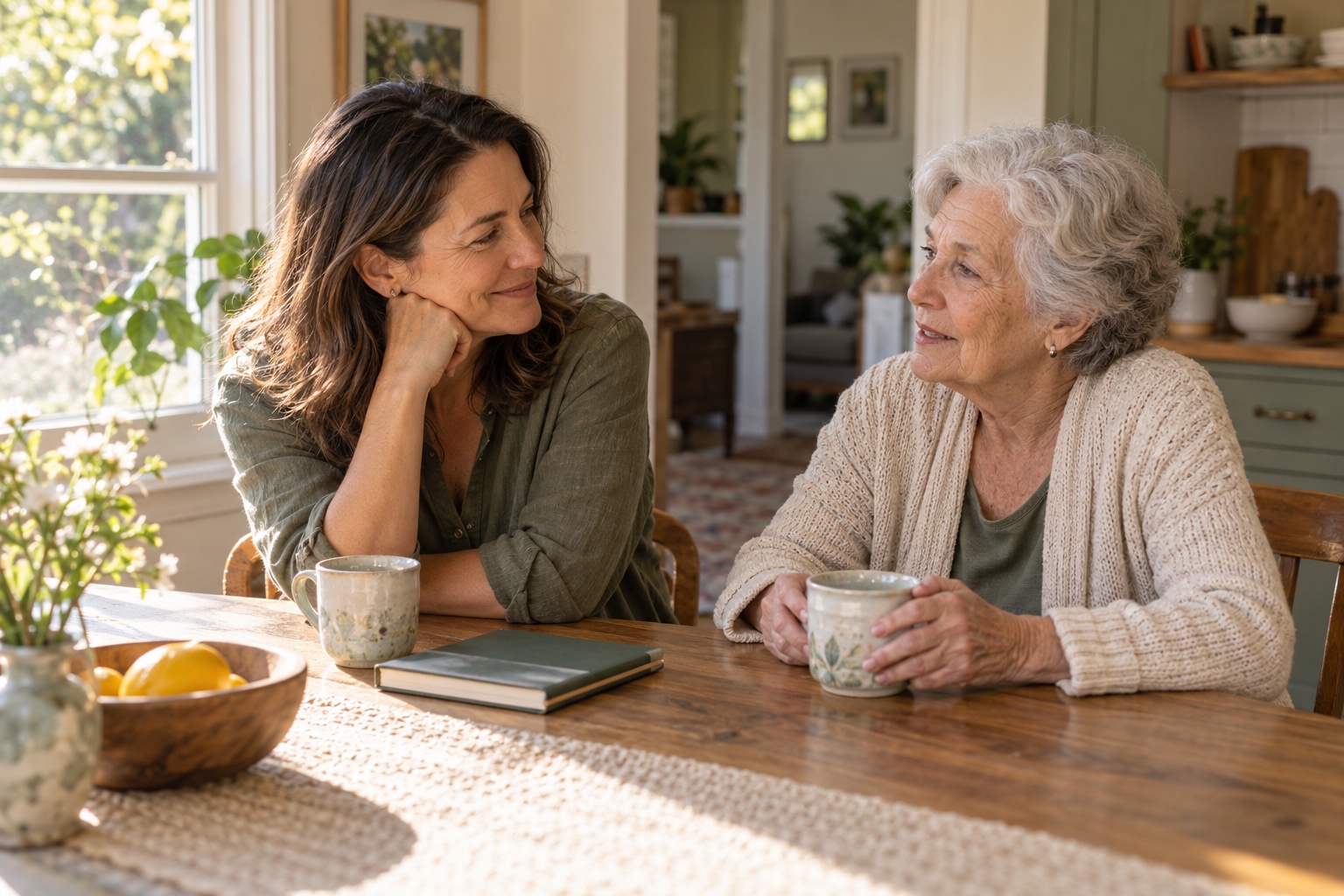 An older woman and her adult daughter sharing a quiet conversation at home.
